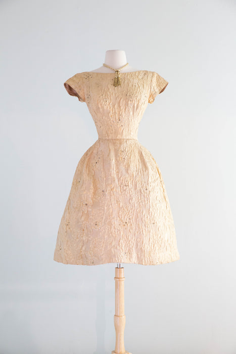Gorgeous Late 1950’s Nathan-Strong Gold Brocade Matelassé Cocktail Dress / Small