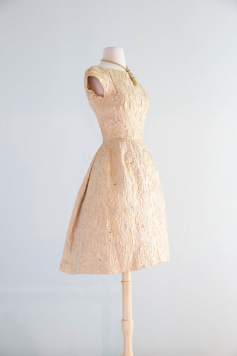 Gorgeous Late 1950’s Nathan-Strong Gold Brocade Matelassé Cocktail Dress / Small