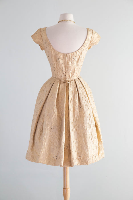 Gorgeous Late 1950’s Nathan-Strong Gold Brocade Matelassé Cocktail Dress / Small