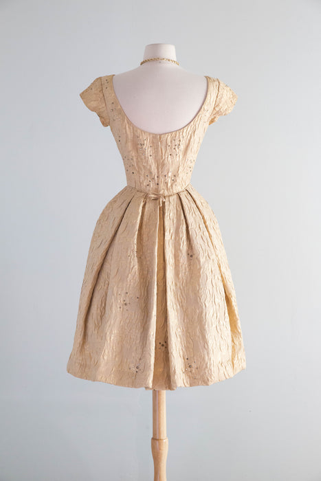Gorgeous Late 1950’s Nathan-Strong Gold Brocade Matelassé Cocktail Dress / Small