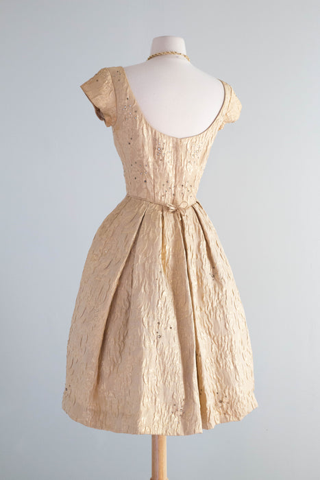 Gorgeous Late 1950’s Nathan-Strong Gold Brocade Matelassé Cocktail Dress / Small
