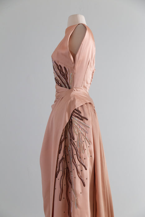 Fabulous 1950's Emma Domb Evening Dress With Sequin Coral / S
