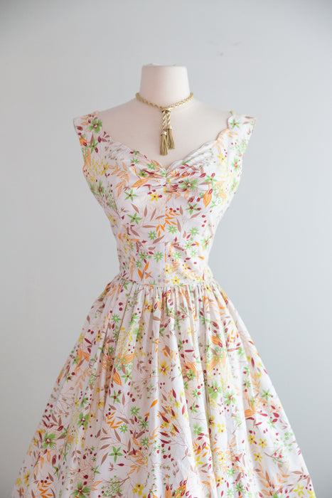 Beautiful 1950's Autumn Floral Print Cotton Dress By Lorie Deb / S