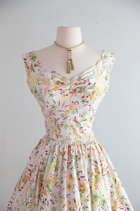 Beautiful 1950's Autumn Floral Print Cotton Dress By Lorie Deb / S