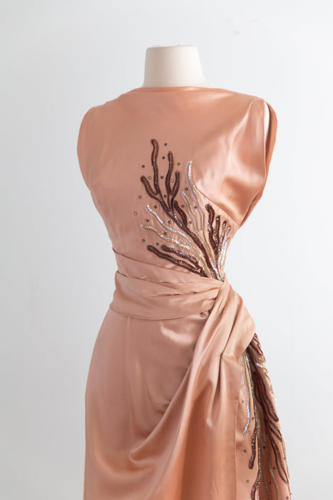 Fabulous 1950's Emma Domb Evening Dress With Sequin Coral / S