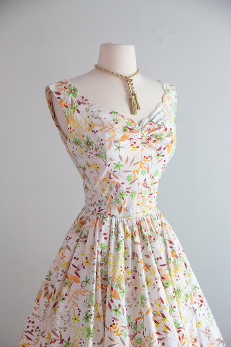 Beautiful 1950's Autumn Floral Print Cotton Dress By Lorie Deb / S