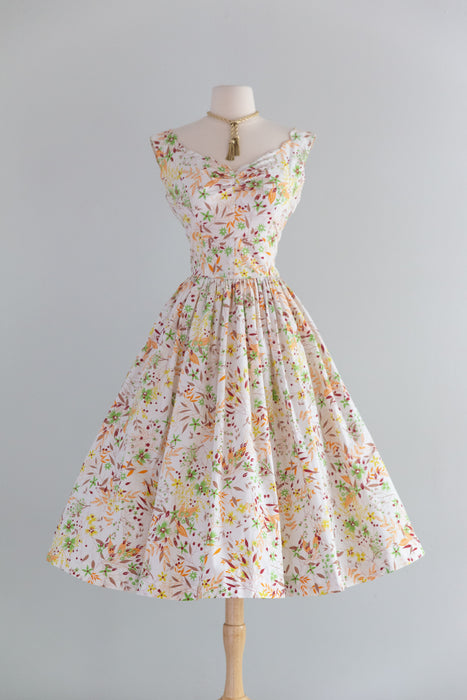 Beautiful 1950's Autumn Floral Print Cotton Dress By Lorie Deb / S