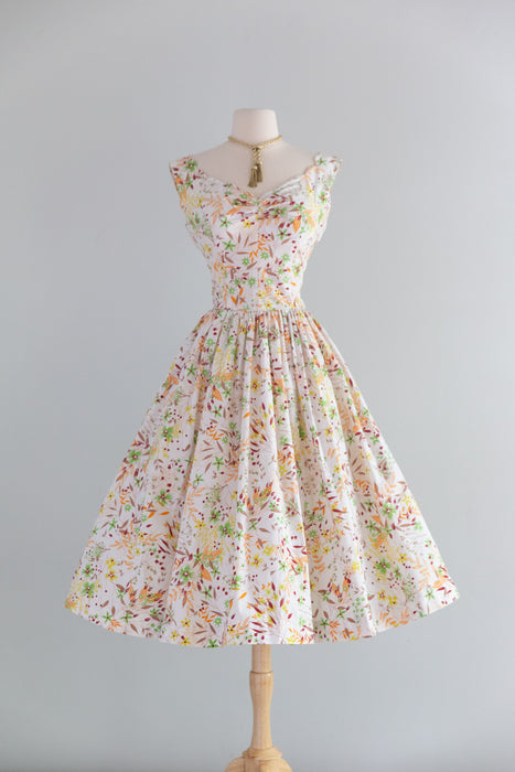 Beautiful 1950's Autumn Floral Print Cotton Dress By Lorie Deb / S