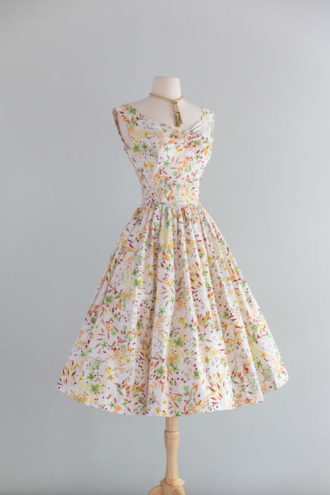 Beautiful 1950's Autumn Floral Print Cotton Dress By Lorie Deb / S
