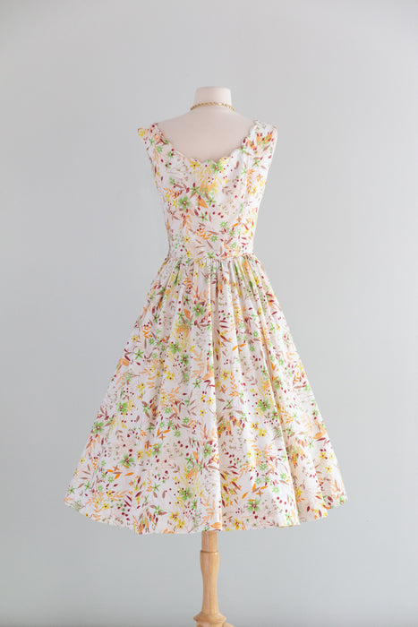 Beautiful 1950's Autumn Floral Print Cotton Dress By Lorie Deb / S