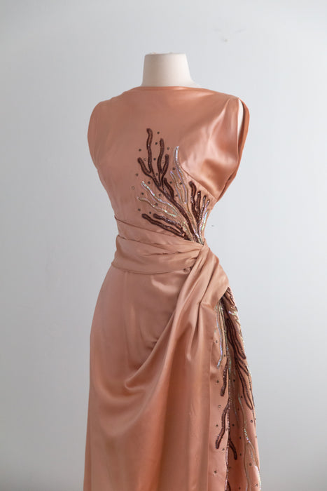 Fabulous 1950's Emma Domb Evening Dress With Sequin Coral / S