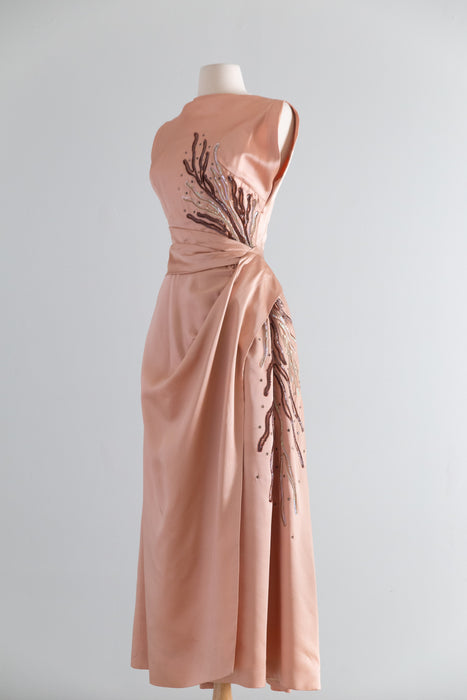 Fabulous 1950's Emma Domb Evening Dress With Sequin Coral / S