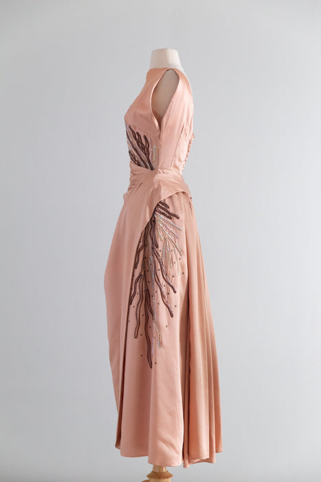 Fabulous 1950's Emma Domb Evening Dress With Sequin Coral / S