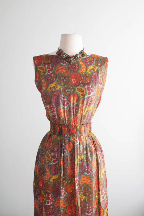 Elegant Early 1960's Autumnal Floral Lame' Cocktail Dress / Medium