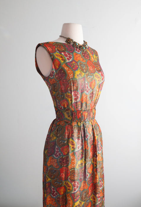 Elegant Early 1960's Autumnal Floral Lame' Cocktail Dress / Medium