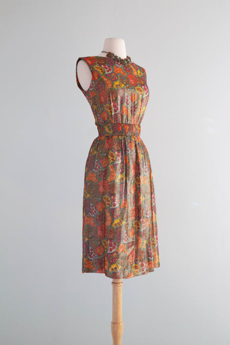 Elegant Early 1960's Autumnal Floral Lame' Cocktail Dress / Medium