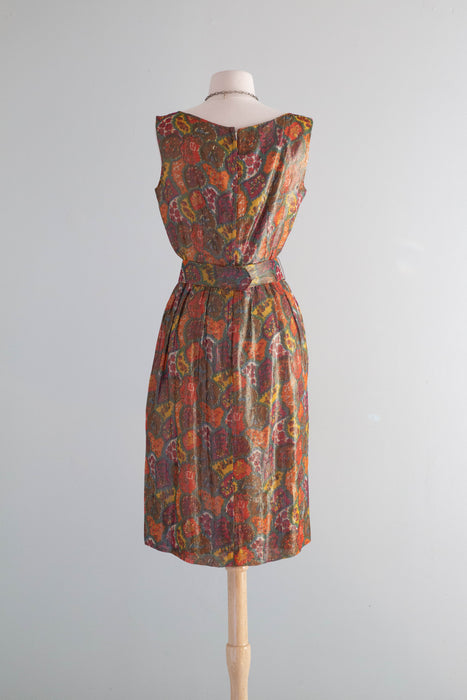 Elegant Early 1960's Autumnal Floral Lame' Cocktail Dress / Medium