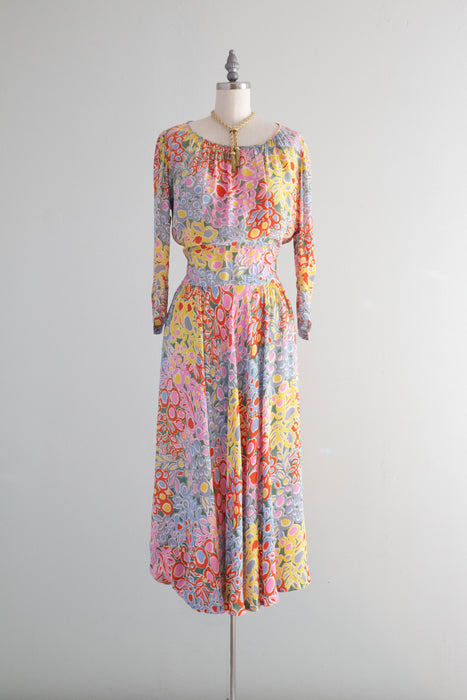 Ethereal 1940's Impressionist Print Soft Rayon Dress From I. Magnin / SM