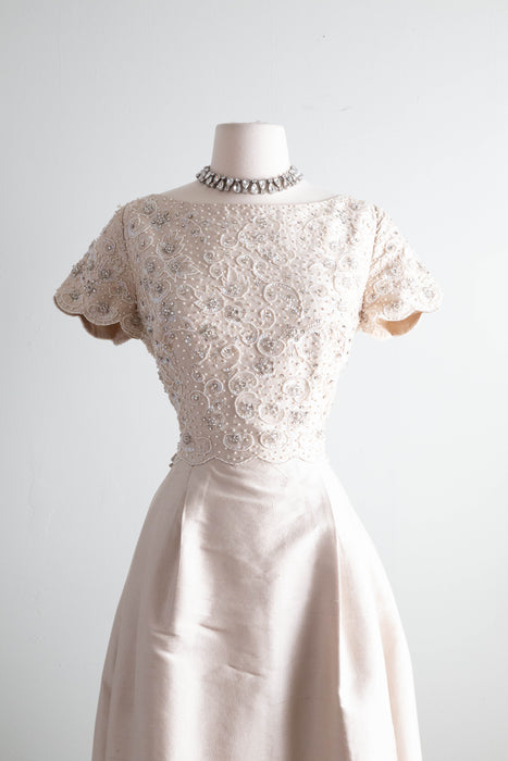 Elegant Early 1960's Oyster Silk Beaded Formal Gown By Dynasty / ML