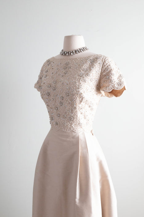 Elegant Early 1960's Oyster Silk Beaded Formal Gown By Dynasty / ML