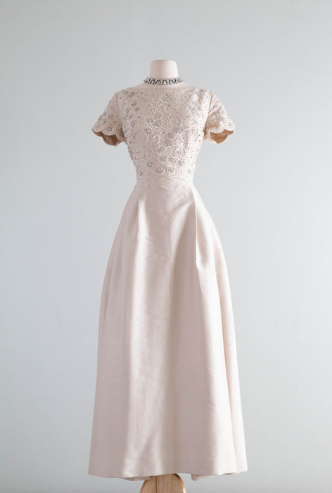 Elegant Early 1960's Oyster Silk Beaded Formal Gown By Dynasty / ML