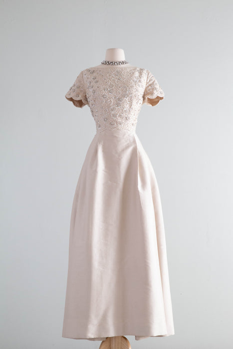 Elegant Early 1960's Oyster Silk Beaded Formal Gown By Dynasty / ML