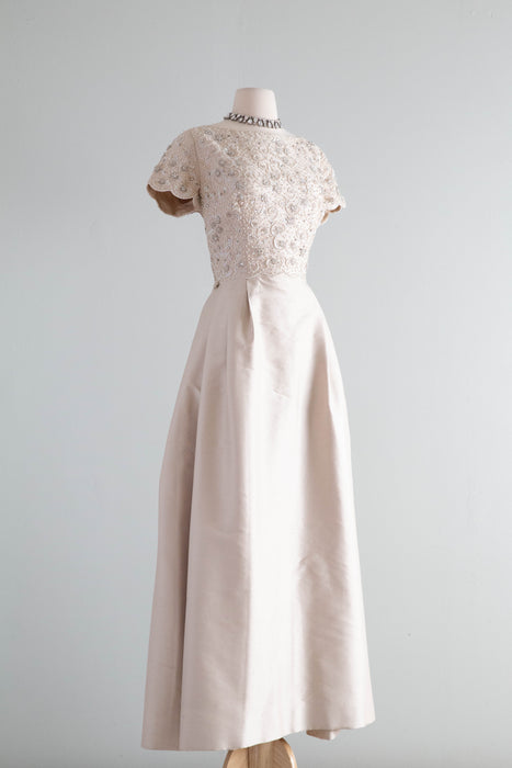 Elegant Early 1960's Oyster Silk Beaded Formal Gown By Dynasty / ML