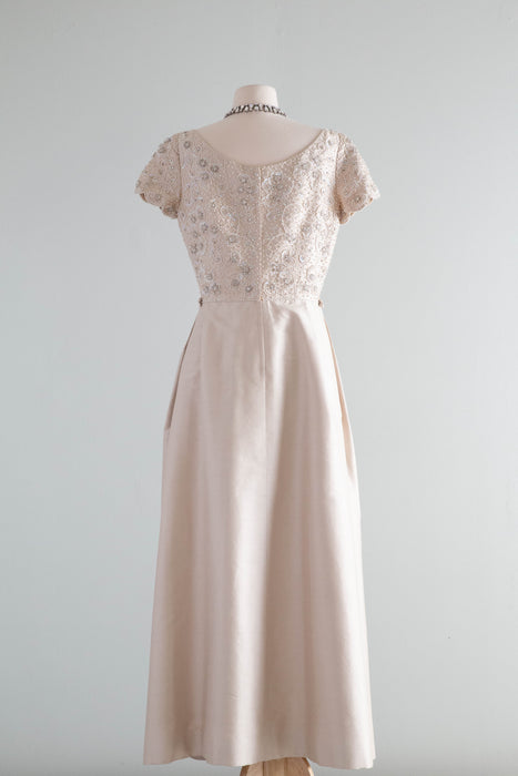 Elegant Early 1960's Oyster Silk Beaded Formal Gown By Dynasty / ML