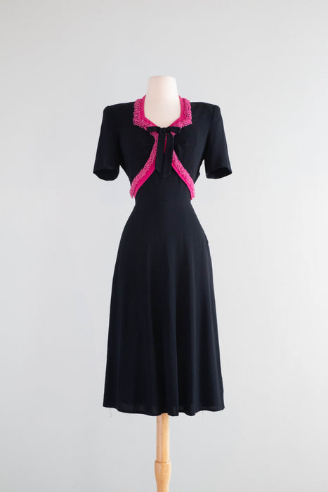 Fabulous 1940's Black Rayon Cocktail Dress With Shocking! Pink Trim / Xtabay Vintage Fabulous 1940's Black Rayon Cocktail Dress With Shocking! Pink Trim / Xtabay Vintage