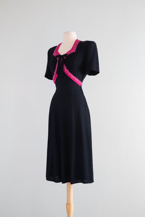Fabulous 1940's Black Rayon Cocktail Dress With Shocking! Pink Trim / – Xtabay Vintage