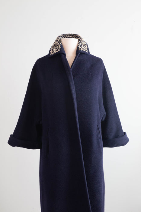 Elegant 1960's Navy Blue Cocoon Coat With Beaded Collar / Medium