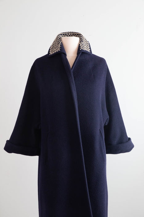 Elegant 1960's Navy Blue Cocoon Coat With Beaded Collar / Medium