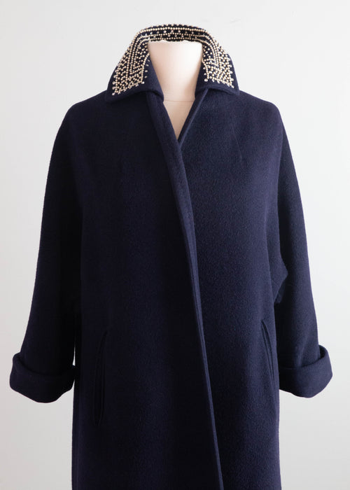 Elegant 1960's Navy Blue Cocoon Coat With Beaded Collar / Medium