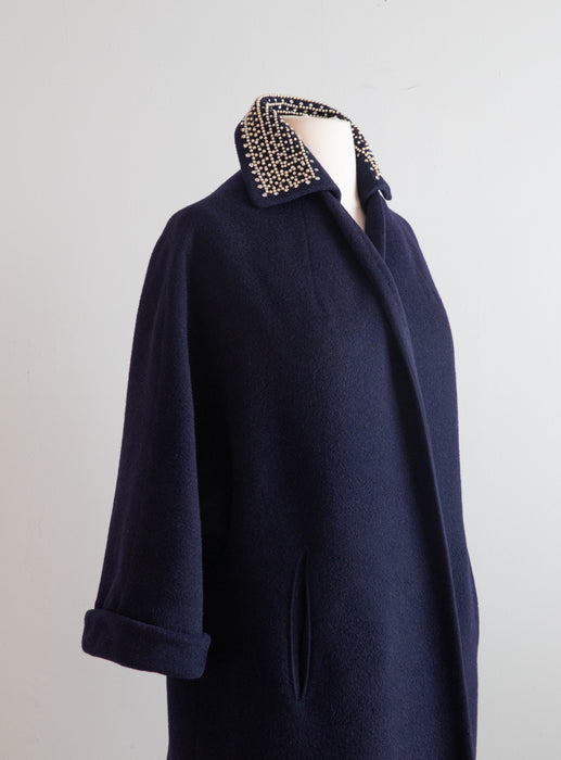 Elegant 1960's Navy Blue Cocoon Coat With Beaded Collar / Medium