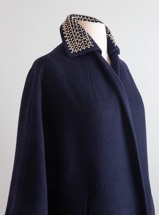 Elegant 1960's Navy Blue Cocoon Coat With Beaded Collar / Medium