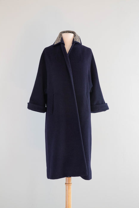 Elegant 1960's Navy Blue Cocoon Coat With Beaded Collar / Medium