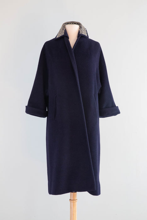 Elegant 1960's Navy Blue Cocoon Coat With Beaded Collar / Medium