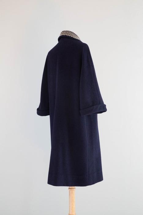 Elegant 1960's Navy Blue Cocoon Coat With Beaded Collar / Medium