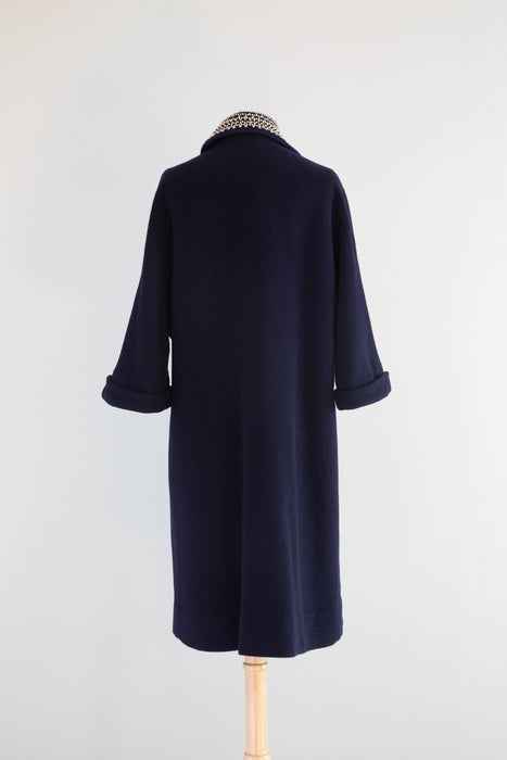 Elegant 1960's Navy Blue Cocoon Coat With Beaded Collar / Medium