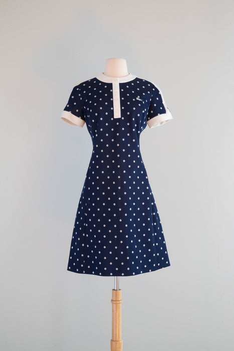 Iconic 1960's Chemise Lacoste Navy Blue Polka Dot Dress / Medium