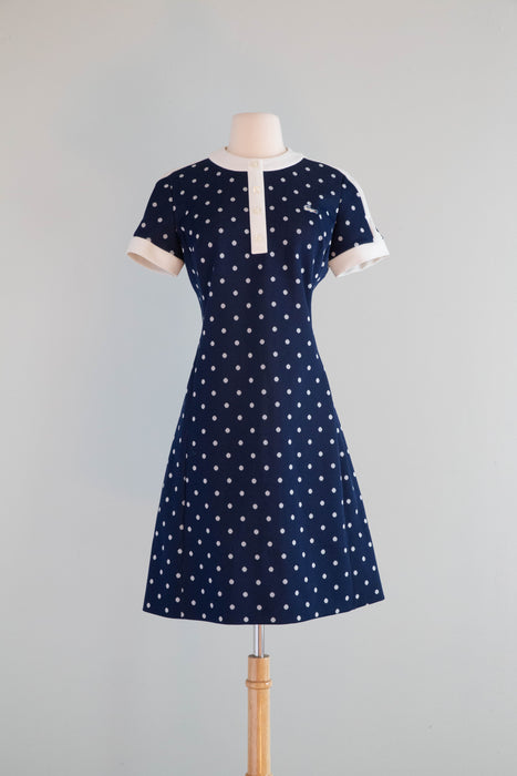 Iconic 1960's Chemise Lacoste Navy Blue Polka Dot Dress / Medium