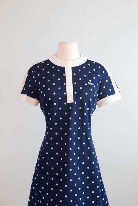 Iconic 1960's Chemise Lacoste Navy Blue Polka Dot Dress / Medium