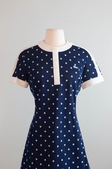 Iconic 1960's Chemise Lacoste Navy Blue Polka Dot Dress / Medium