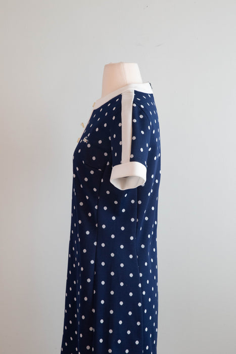 Iconic 1960's Chemise Lacoste Navy Blue Polka Dot Dress / Medium