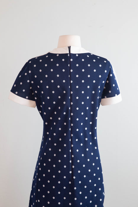 Iconic 1960's Chemise Lacoste Navy Blue Polka Dot Dress / Medium