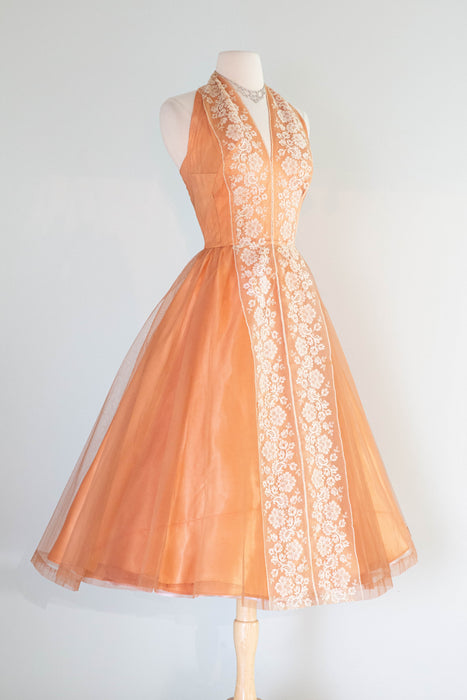 Breathtaking 1950's Couture Cocktail Halter Dress In Satin & Imported Lace / SM