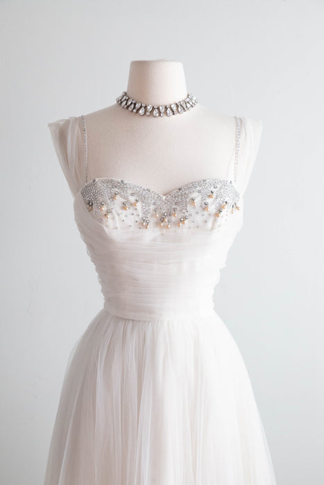 Exquisite 1950's Ivory Formal Wedding Dress With Embellished Bodice / XS