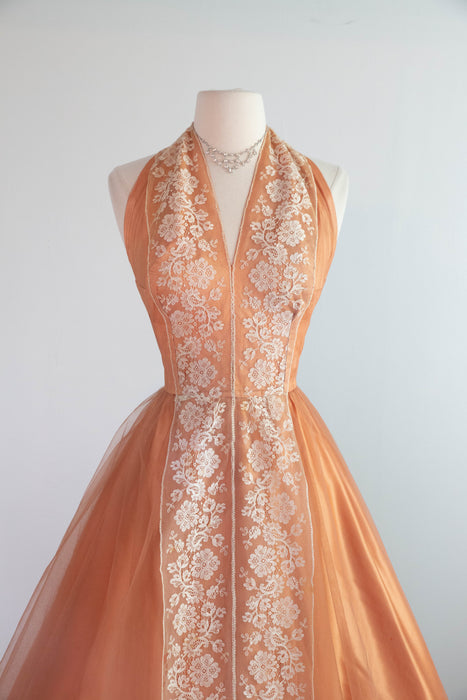 Breathtaking 1950's Couture Cocktail Halter Dress In Satin & Imported Lace / SM
