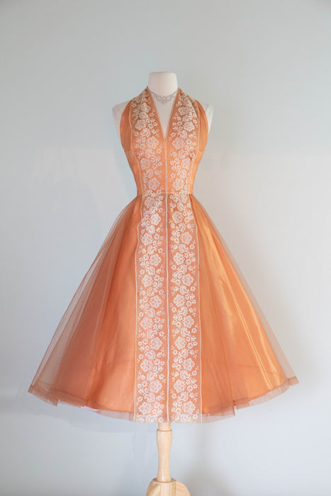 Breathtaking 1950's Couture Cocktail Halter Dress In Satin & Imported Lace / SM