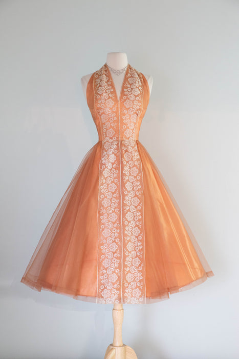 Breathtaking 1950's Couture Cocktail Halter Dress In Satin & Imported Lace / SM